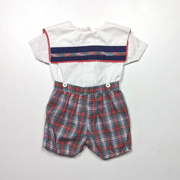 Homemade Romper Outfit Baby Boys Size 6m Christmas Plaid Button - Picture 1 of 4